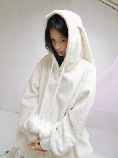 Daytoday Plush Angel Ear Pompom Lace Low Waist Hooded Women&