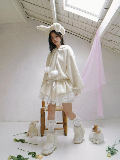 Daytoday Plush Angel Ear Pompom Lace Low Waist Hooded Women&