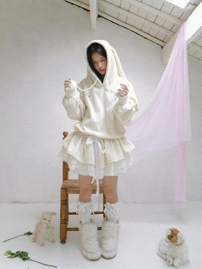 Daytoday Plush Angel Ear Pompom Lace Low Waist Hooded Women&