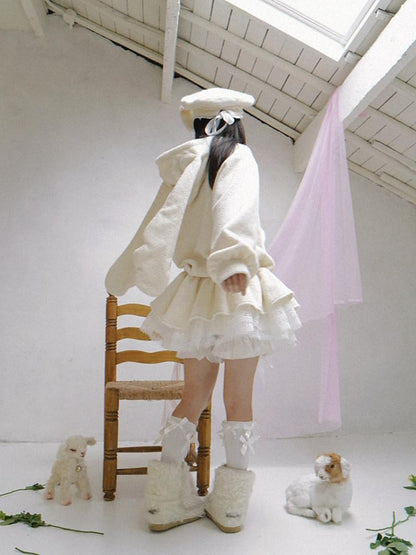 Daytoday Plush Angel Ear Pompom Lace Low Waist Hooded Women&