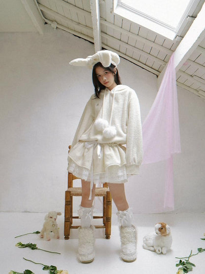 Daytoday Plush Angel Ear Pompom Lace Low Waist Hooded Women&