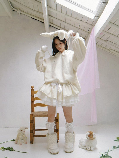 Daytoday Plush Angel Ear Pompom Lace Low Waist Hooded Women&