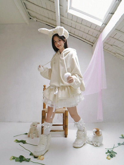 Daytoday Plush Angel Ear Pompom Lace Low Waist Hooded Women&