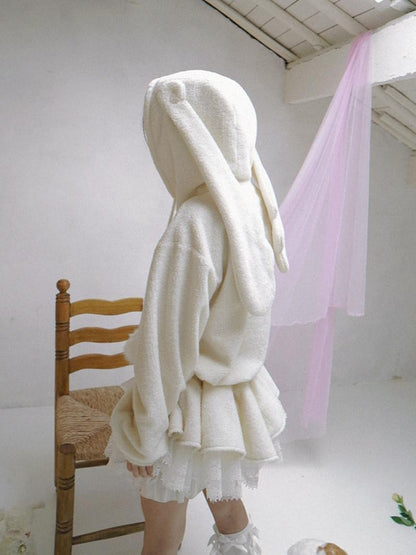 Daytoday Plush Angel Ear Pompom Lace Low Waist Hooded Women&