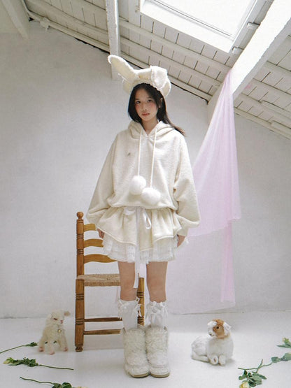 Daytoday Plush Angel Ear Pompom Lace Low Waist Hooded Women&