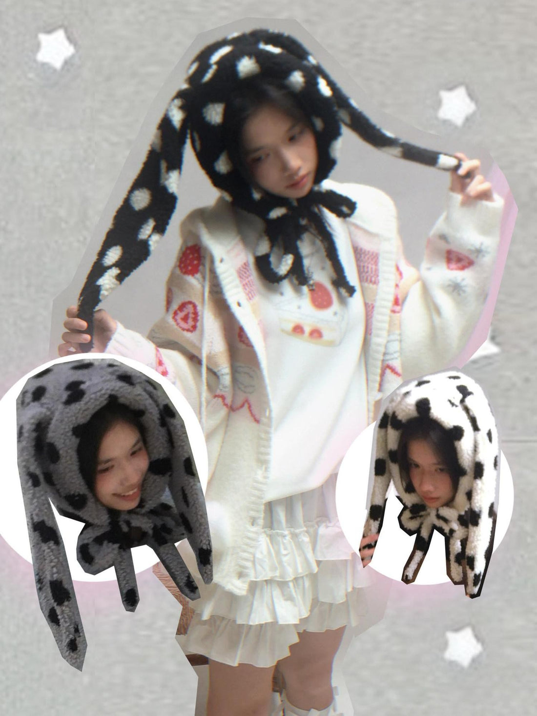 Daytoday Polka Dot Lambswool Rabbit Ear Bow Women&