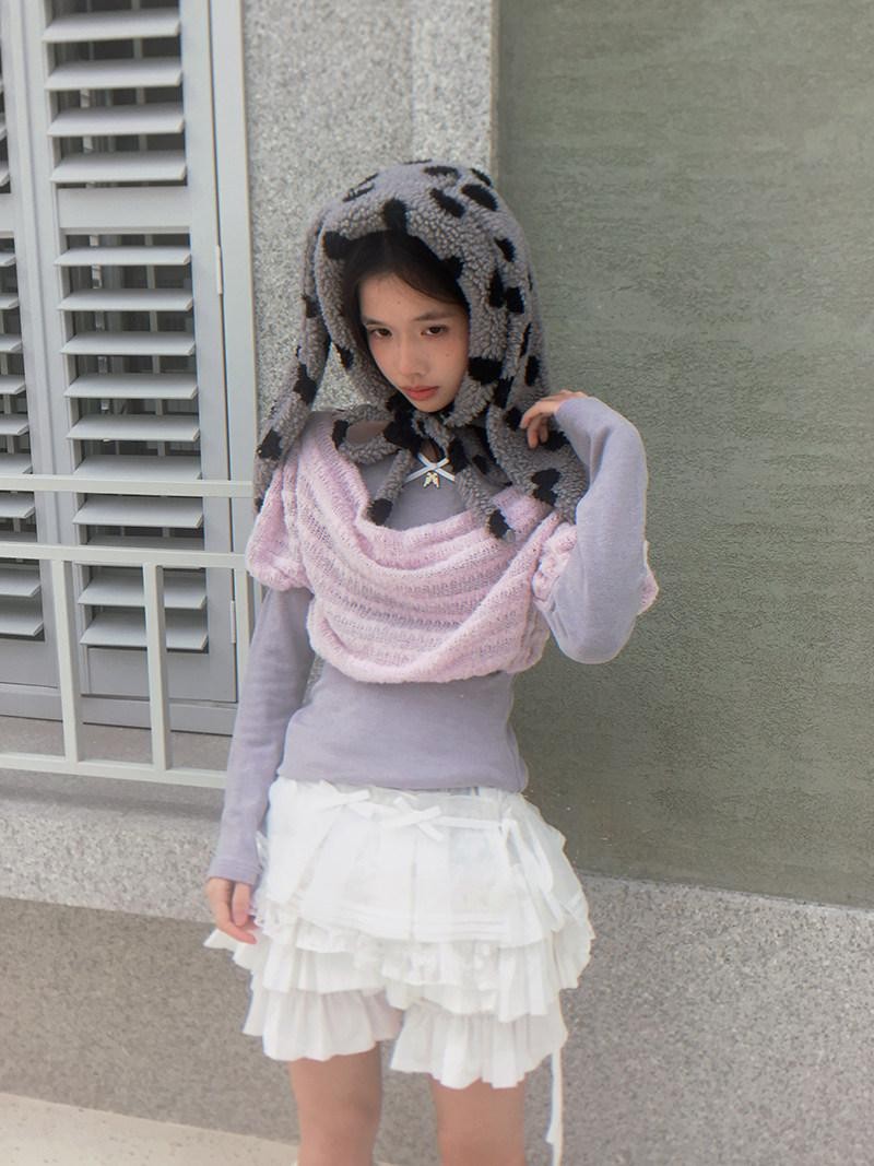 Daytoday Polka Dot Lambswool Rabbit Ear Bow Women&