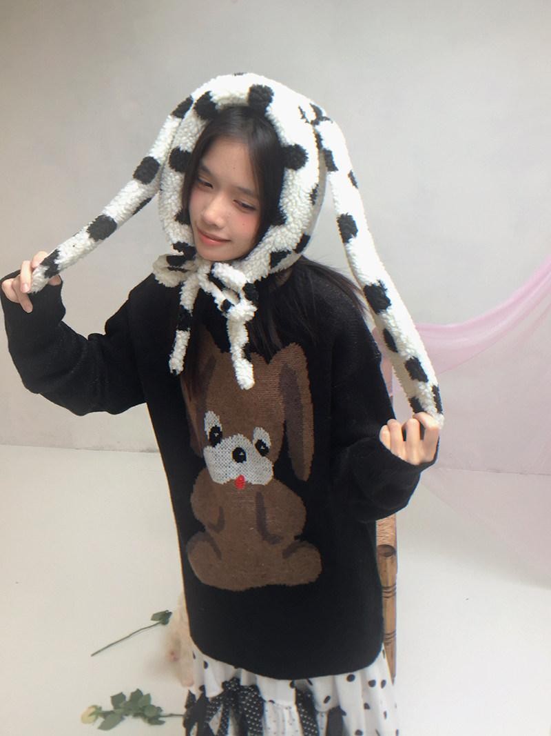 Daytoday Polka Dot Lambswool Rabbit Ear Bow Women&