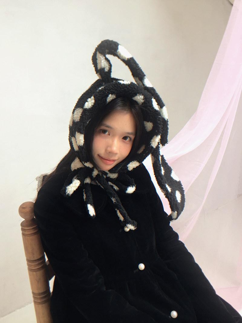 Daytoday Polka Dot Lambswool Rabbit Ear Bow Women&