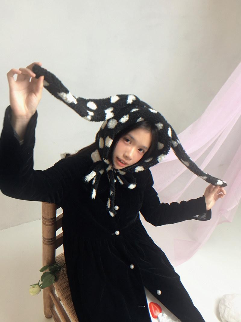Daytoday Polka Dot Lambswool Rabbit Ear Bow Women&