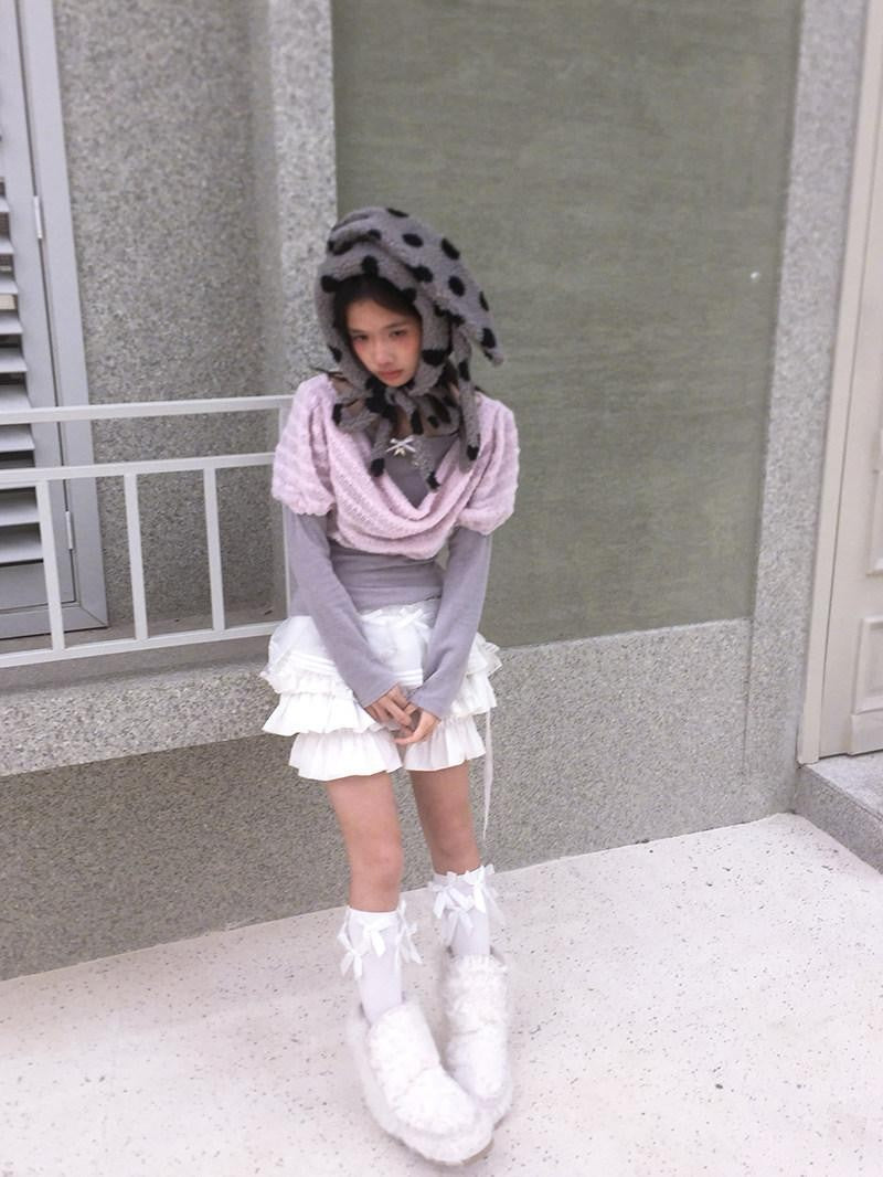 Daytoday Polka Dot Lambswool Rabbit Ear Bow Women&