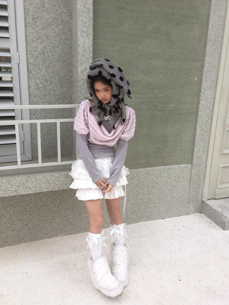 Daytoday Polka Dot Lambswool Rabbit Ear Bow Women&