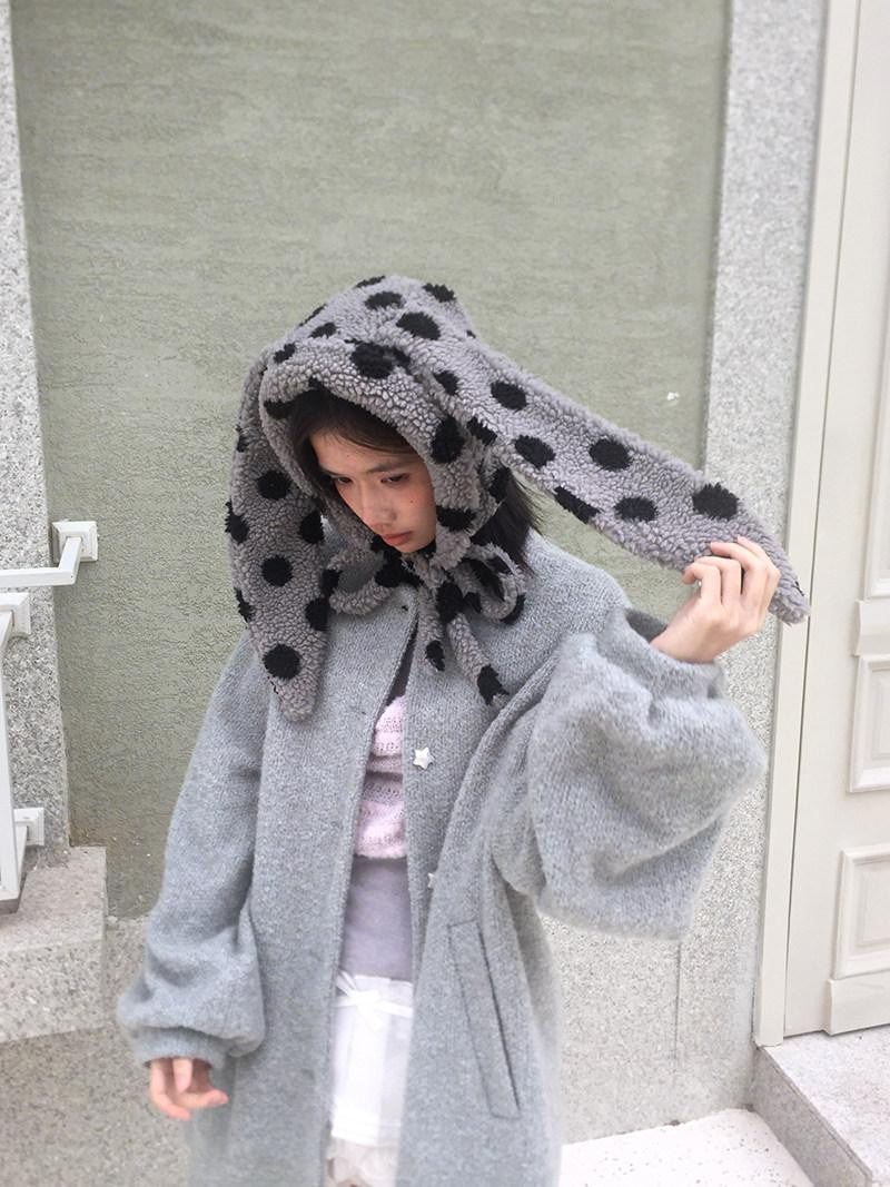 Daytoday Polka Dot Lambswool Rabbit Ear Bow Women&