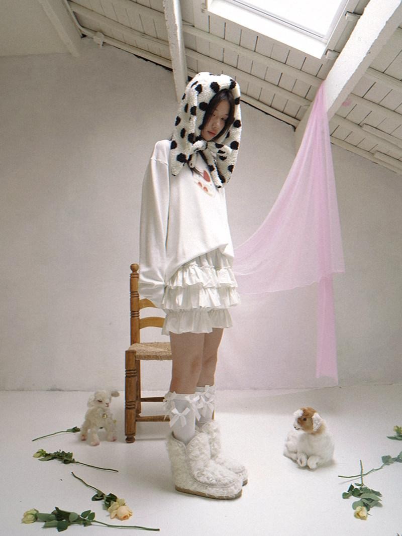 Daytoday Polka Dot Lambswool Rabbit Ear Bow Women&