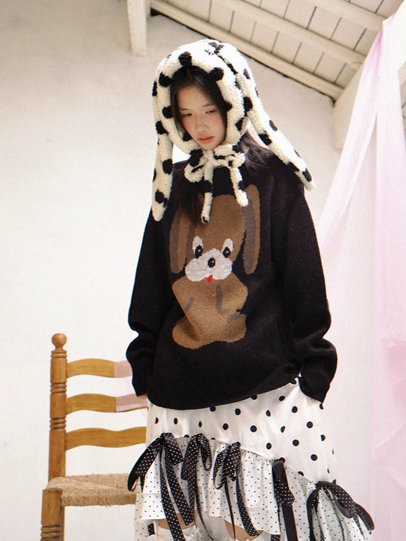Daytoday Polka Dot Lambswool Rabbit Ear Bow Women&