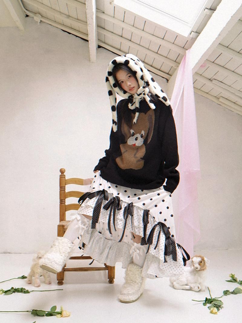 Daytoday Polka Dot Lambswool Rabbit Ear Bow Women&
