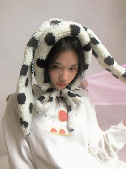 Daytoday Polka Dot Lambswool Rabbit Ear Bow Women&