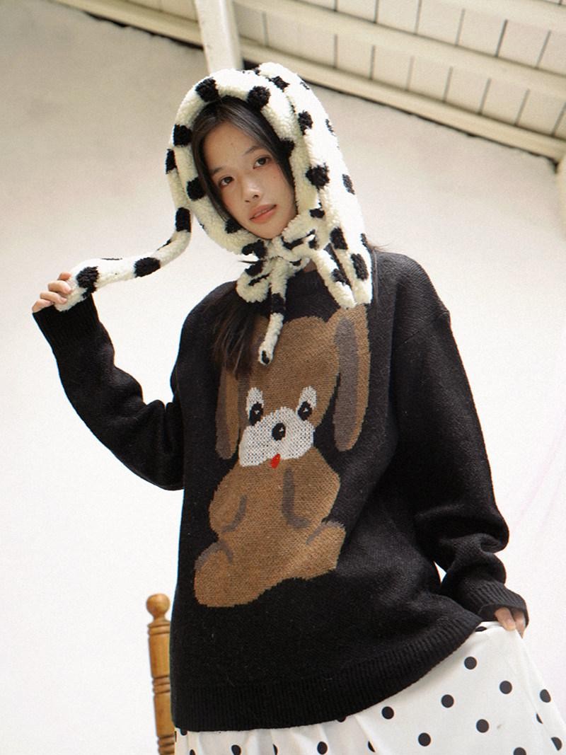 Daytoday Polka Dot Lambswool Rabbit Ear Bow Women&
