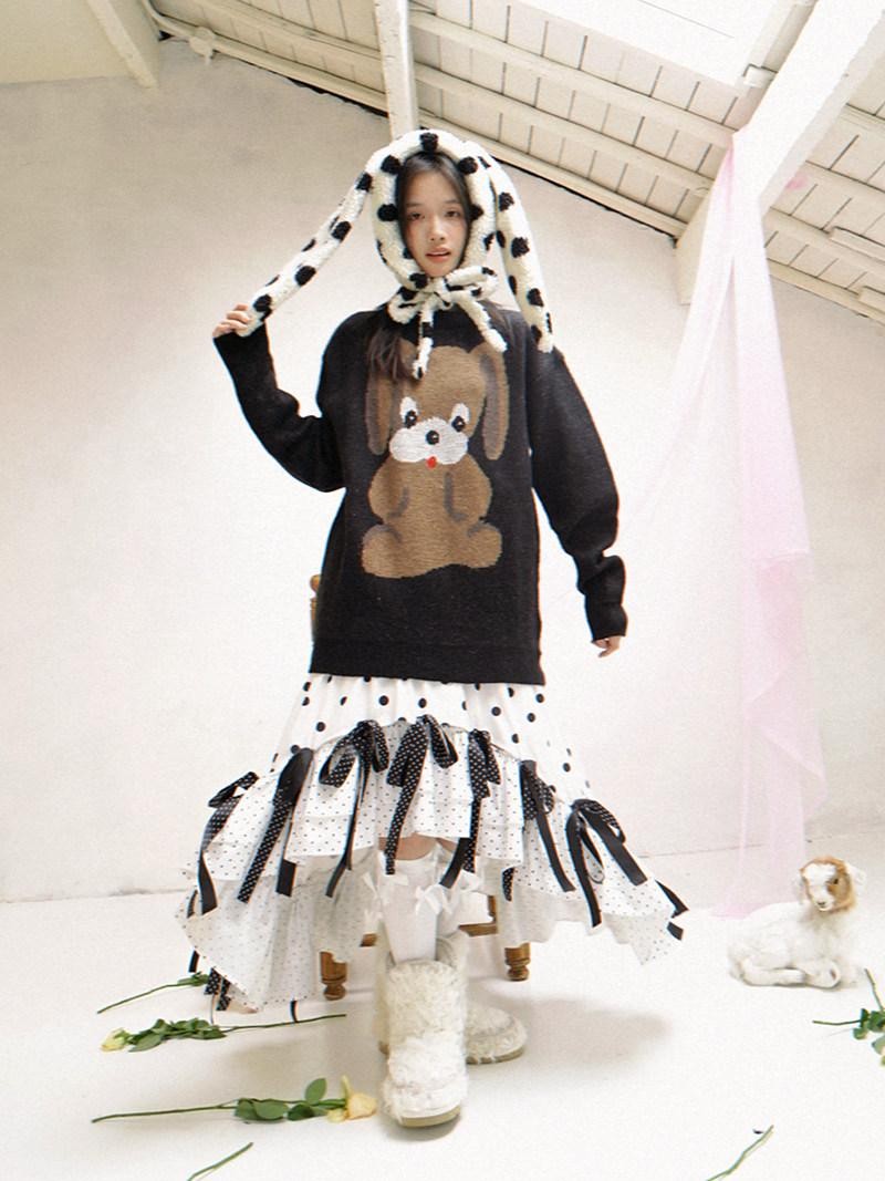 Daytoday Polka Dot Lambswool Rabbit Ear Bow Women&