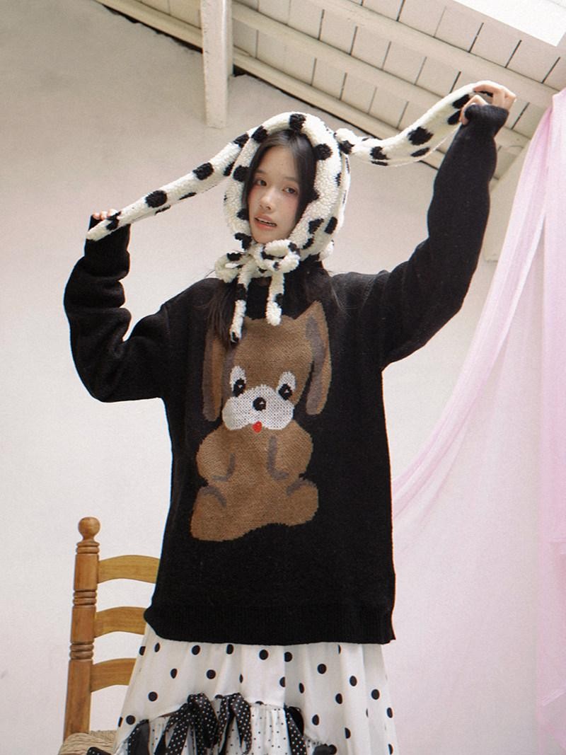 Daytoday Polka Dot Lambswool Rabbit Ear Bow Women&