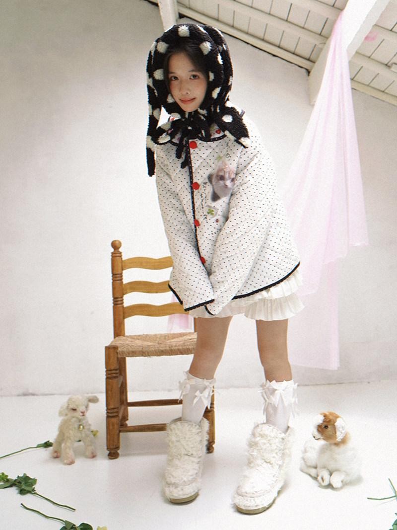Daytoday Polka Dot Lambswool Rabbit Ear Bow Women&