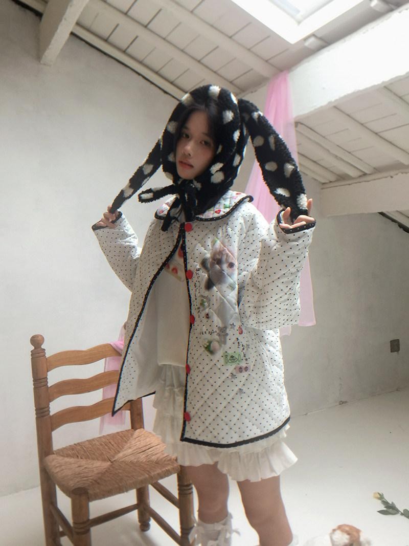 Daytoday Polka Dot Lambswool Rabbit Ear Bow Women&