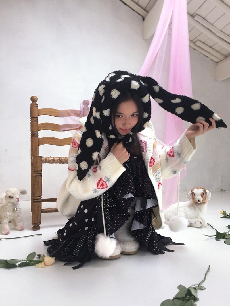 Daytoday Polka Dot Lambswool Rabbit Ear Bow Women&