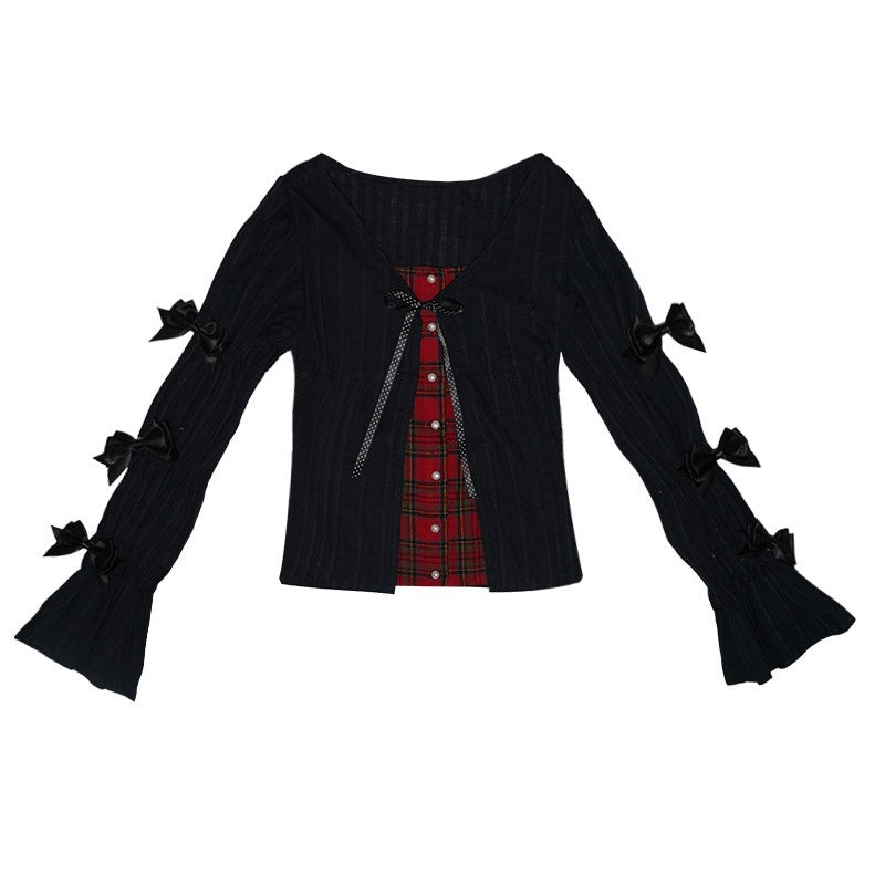 Daytoday_Polka_Dot_Red_Plaid_Patch_Fitted_Vneck_Button_Long_Sleeve_Printed_Women&