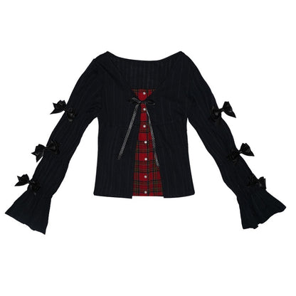 Daytoday_Polka_Dot_Red_Plaid_Patch_Fitted_Vneck_Button_Long_Sleeve_Printed_Women&