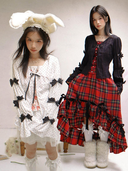 Daytoday Polka Dot Red Plaid Patch Fitted Vneck Button Long Sleeve Printed Women&