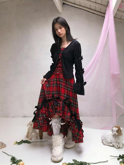 Daytoday Polka Dot Red Plaid Patch Fitted Vneck Button Long Sleeve Printed Women&