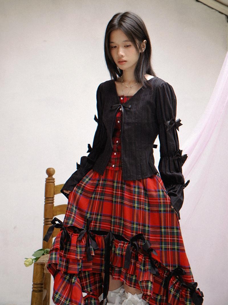 Daytoday Polka Dot Red Plaid Patch Fitted Vneck Button Long Sleeve Printed Women&