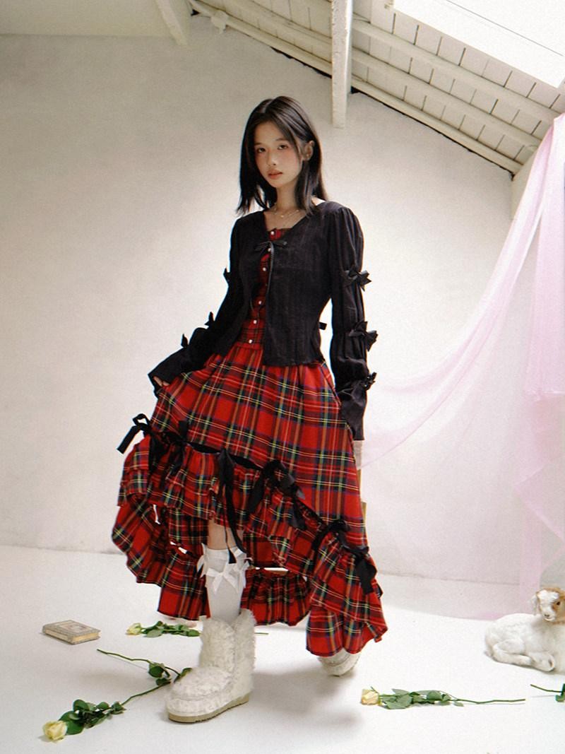 Daytoday Polka Dot Red Plaid Patch Fitted Vneck Button Long Sleeve Printed Women&