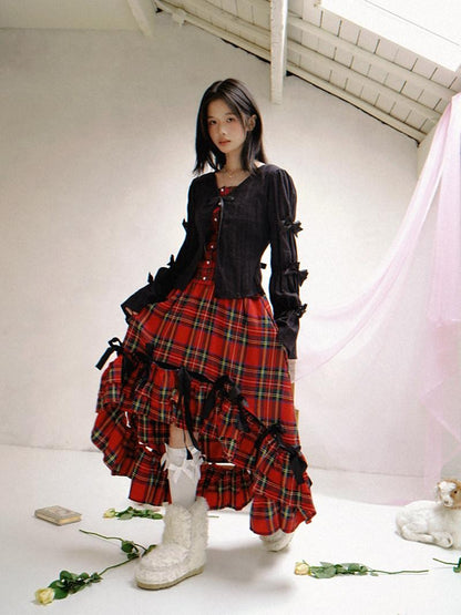Daytoday Polka Dot Red Plaid Patch Fitted Vneck Button Long Sleeve Printed Women&