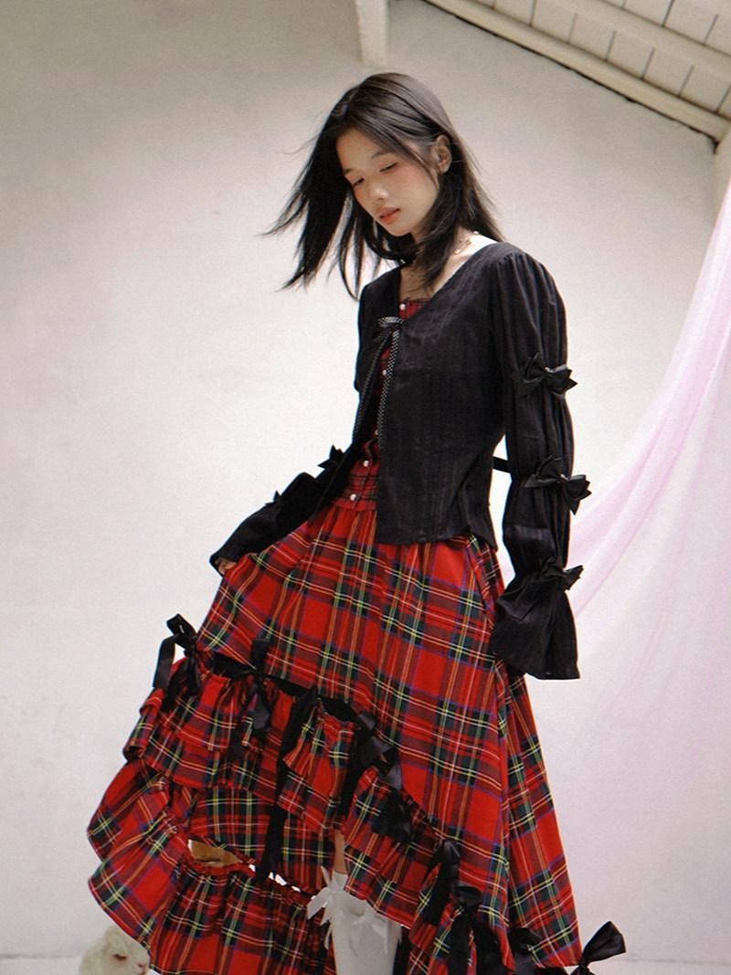Daytoday Polka Dot Red Plaid Patch Fitted Vneck Button Long Sleeve Printed Women&