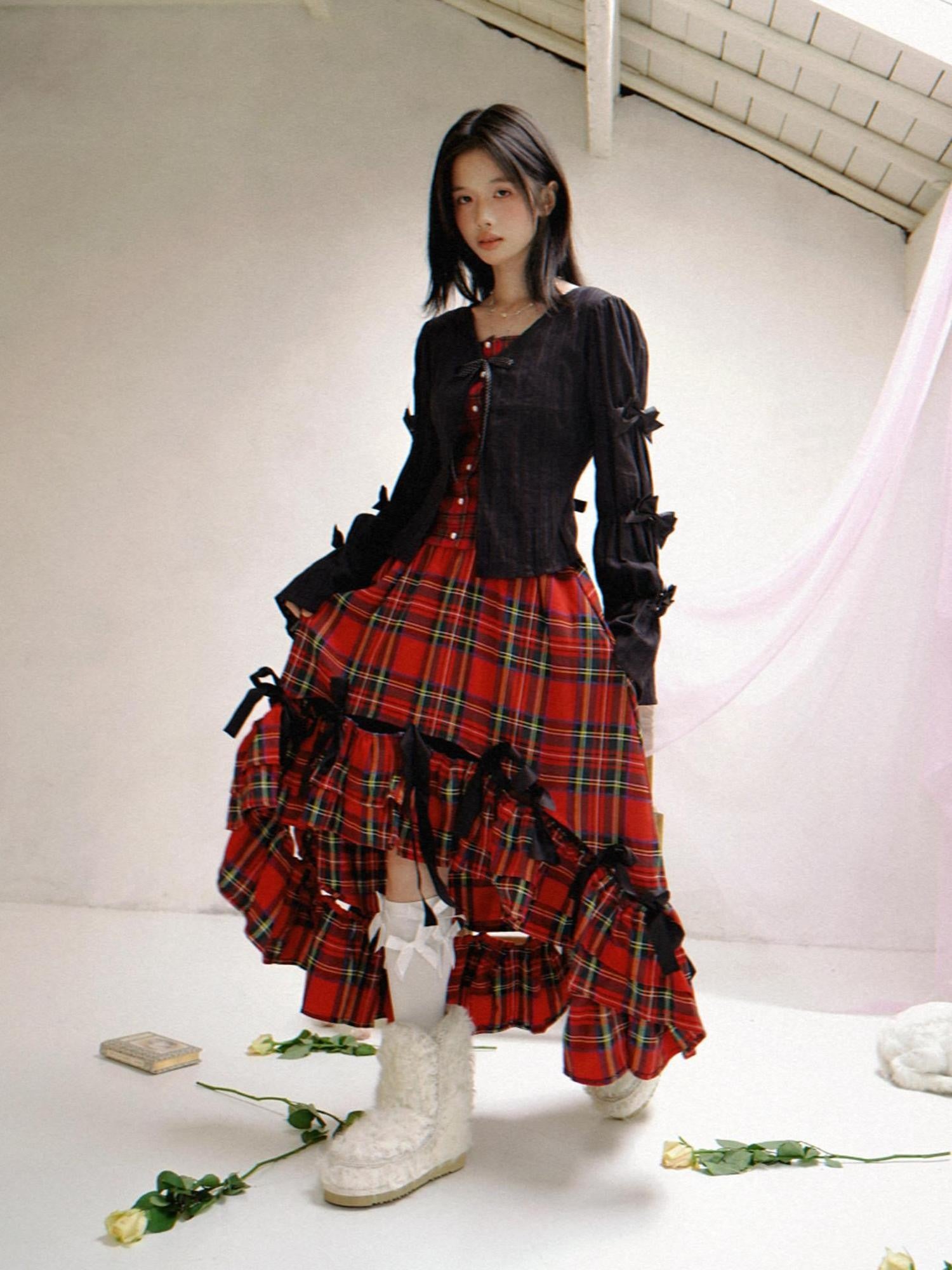 Daytoday Polka Dot Red Plaid Patch Fitted Vneck Button Long Sleeve Printed Women&