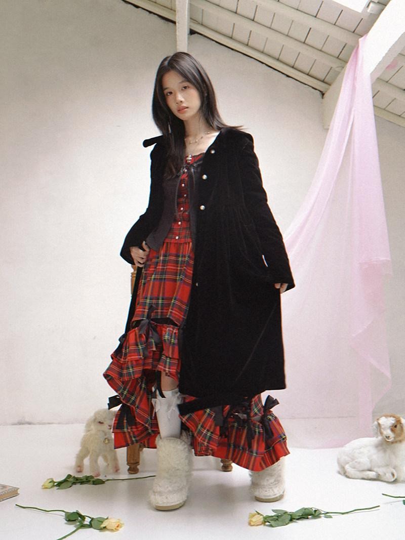 Daytoday Polka Dot Red Plaid Patch Fitted Vneck Button Long Sleeve Printed Women&