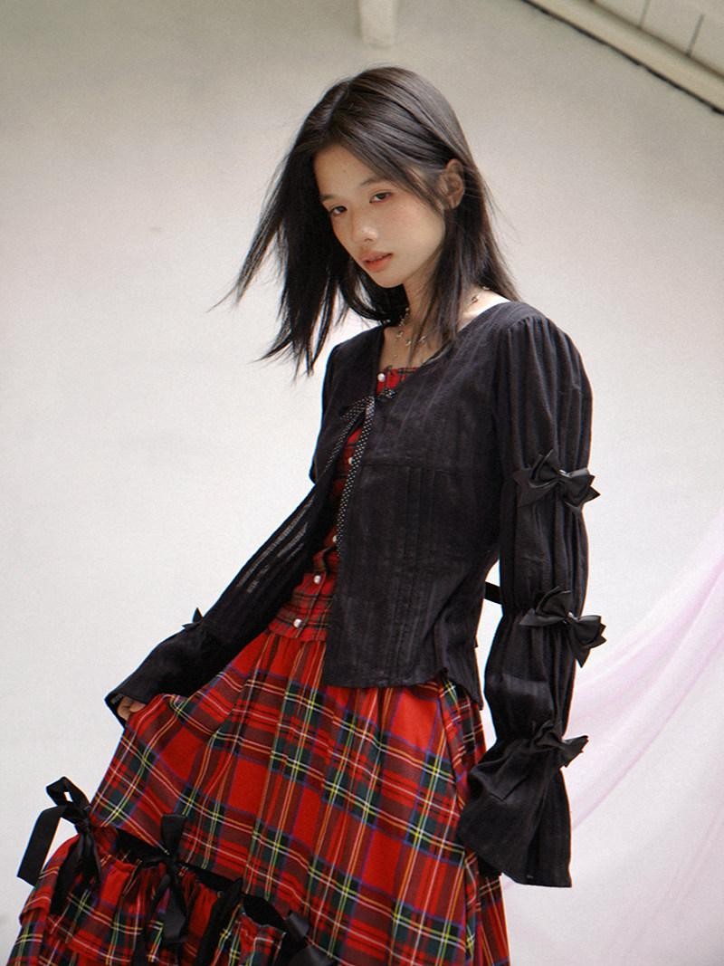 Daytoday Polka Dot Red Plaid Patch Fitted Vneck Button Long Sleeve Printed Women&