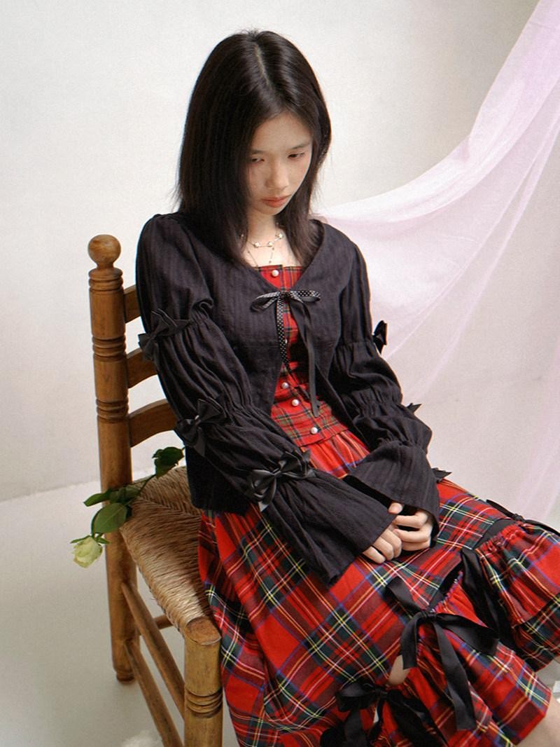 Daytoday Polka Dot Red Plaid Patch Fitted Vneck Button Long Sleeve Printed Women&