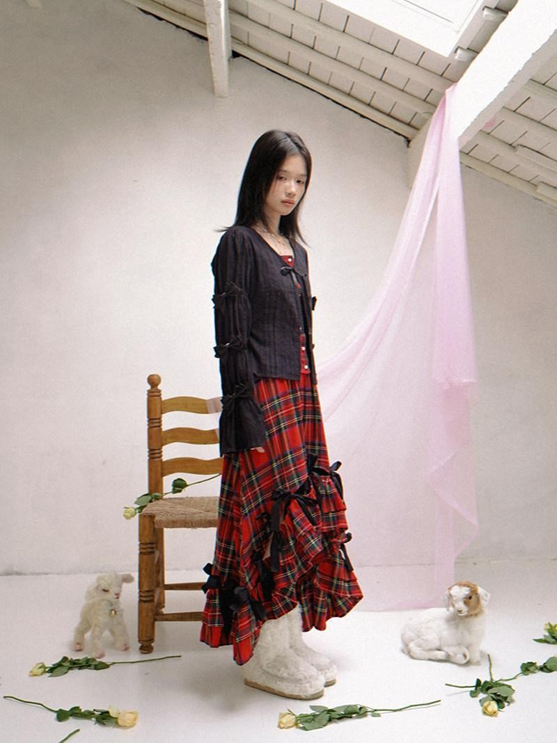 Daytoday Polka Dot Red Plaid Patch Fitted Vneck Button Long Sleeve Printed Women&