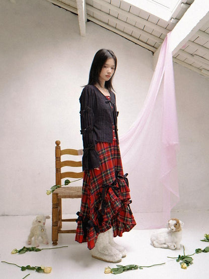 Daytoday Polka Dot Red Plaid Patch Fitted Vneck Button Long Sleeve Printed Women&