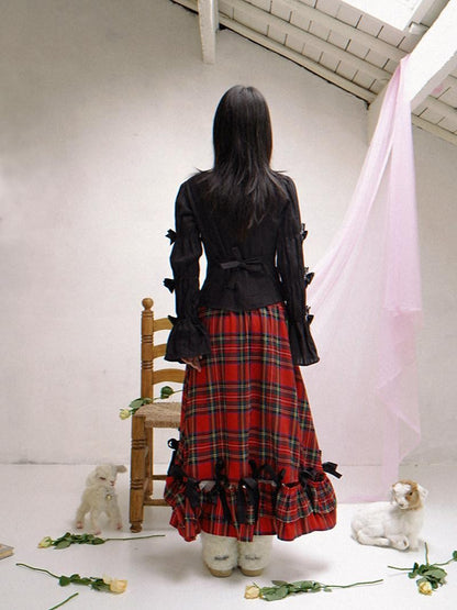 Daytoday Polka Dot Red Plaid Patch Fitted Vneck Button Long Sleeve Printed Women&