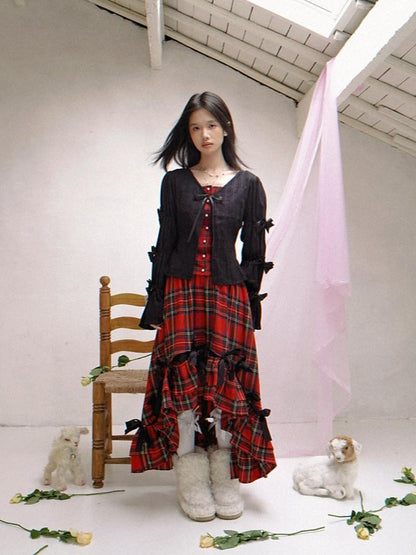 Daytoday Polka Dot Red Plaid Patch Fitted Vneck Button Long Sleeve Printed Women&