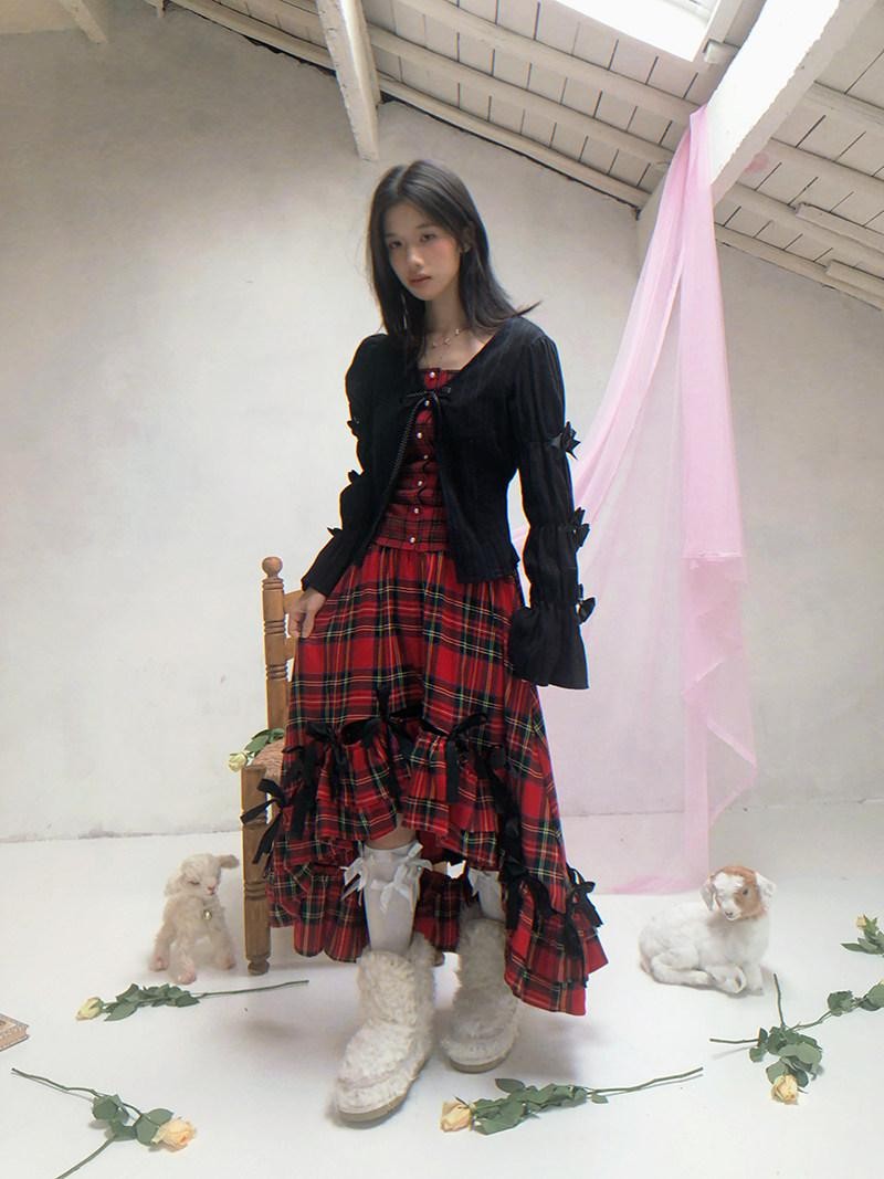 Daytoday Polka Dot Red Plaid Patch Fitted Vneck Button Long Sleeve Printed Women&