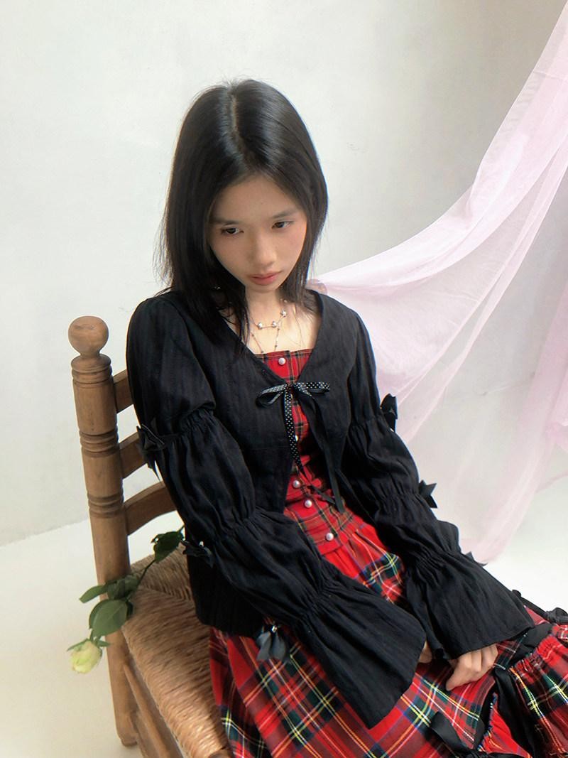 Daytoday Polka Dot Red Plaid Patch Fitted Vneck Button Long Sleeve Printed Women&