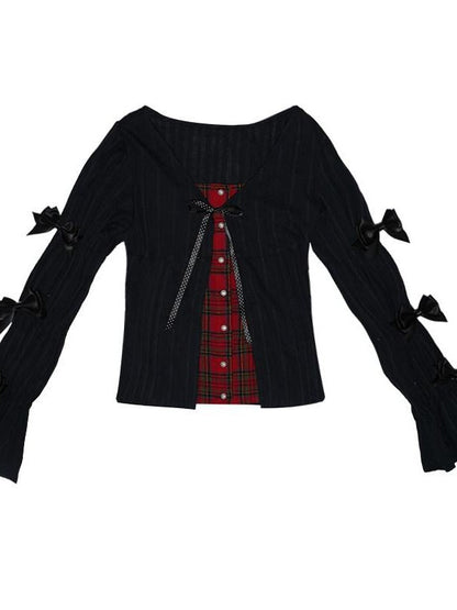 Daytoday Polka Dot Red Plaid Patch Fitted Vneck Button Long Sleeve Printed Women&