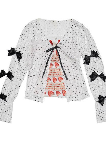 Daytoday Polka Dot Red Plaid Patch Fitted Vneck Button Long Sleeve Printed Women&
