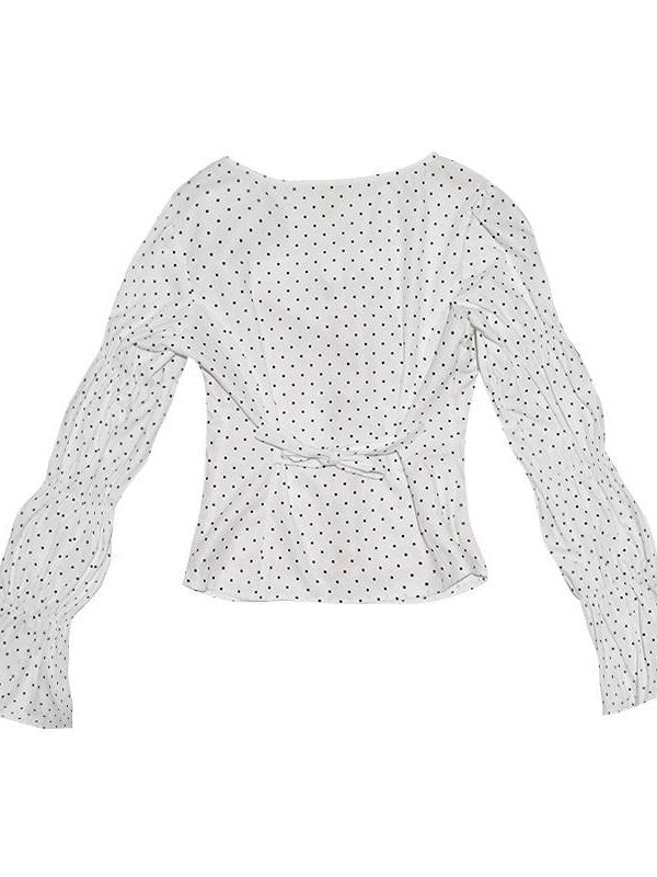Daytoday Polka Dot Red Plaid Patch Fitted Vneck Button Long Sleeve Printed Women&