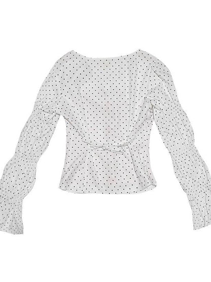 Daytoday Polka Dot Red Plaid Patch Fitted Vneck Button Long Sleeve Printed Women&
