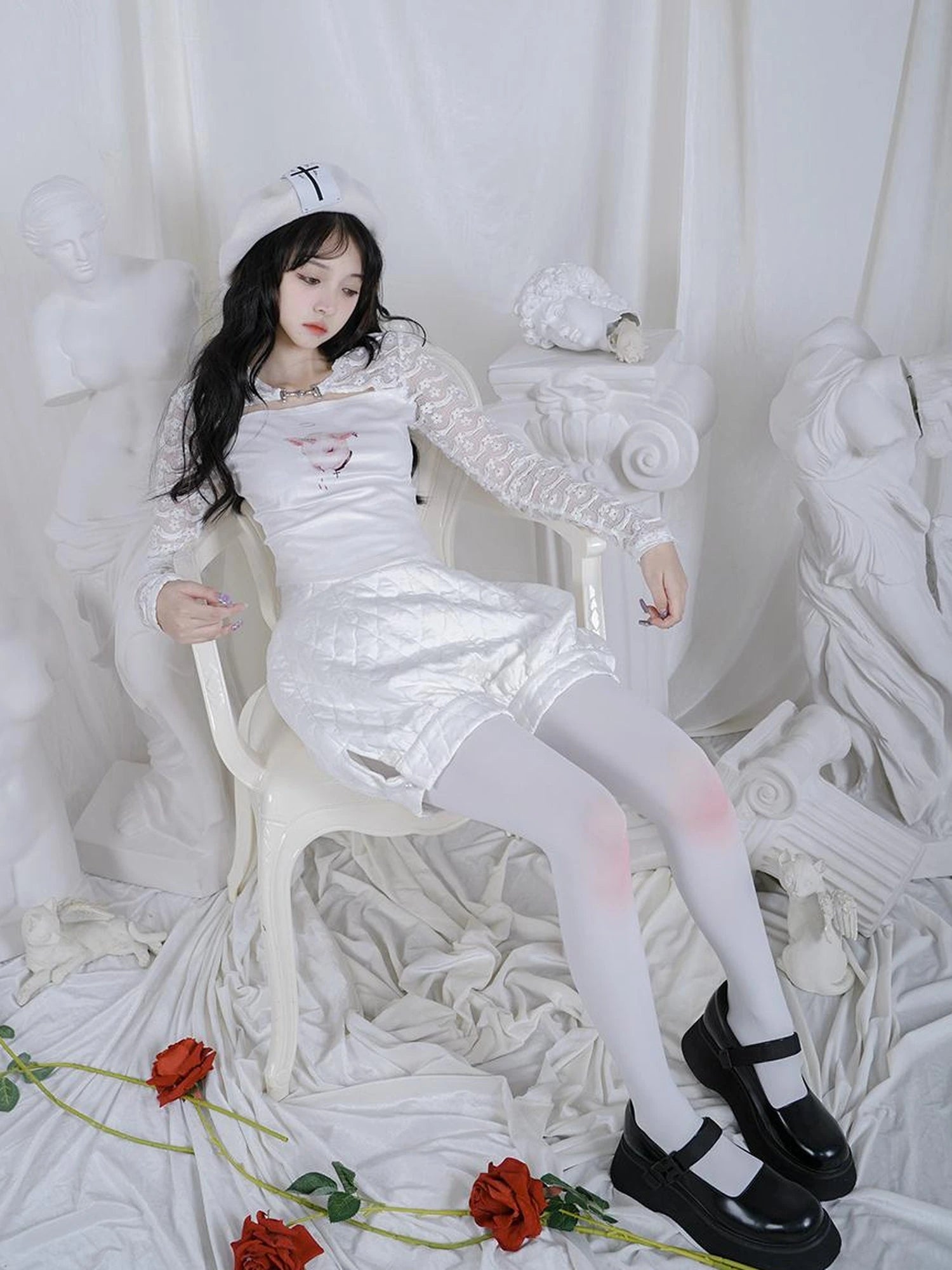 Rabbit Floral Lace Up Crop Top Stretch Cotton Blend